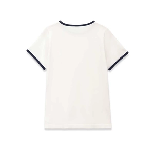 Minimalist white knit t-shirt with navy contrast trim and short sleeves shown from back