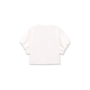 Minimalist white puff sleeve knit top set featuring elegant pleated cuffs and casual style