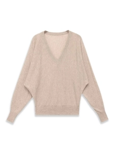 Detailed view of oatmeal knit sweater with V-neckline and ribbed batwing sleeve cuffs