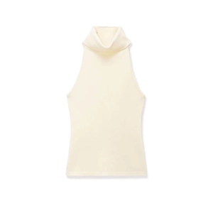 Minimalist beige rib-knit high-neck sleeveless top with a chic turtleneck cut