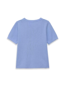 Close-up of the delicate knit texture and crew neck of a light blue short sleeve sweater