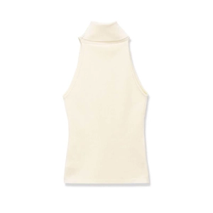 Detail of cream high neck sleeveless knit top featuring fine vertical ribbed texture