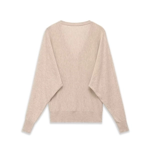 Oatmeal V-neck batwing sleeve knit sweater showing loose fit and ribbed back details