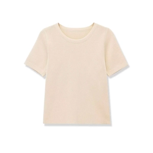 Women's casual ribbed knit short sleeve top in light beige with classic crew neck