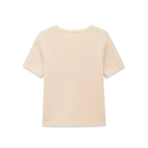 Detailed back view of a minimalist beige short-sleeve knit sweater with a round neck