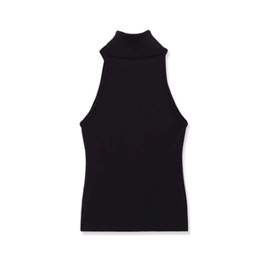 Close-up of black sleeveless turtleneck knit top with fine ribbed texture detail