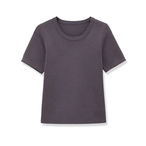 Close-up of dark grey short sleeve knit top with crew neck and ribbed texture