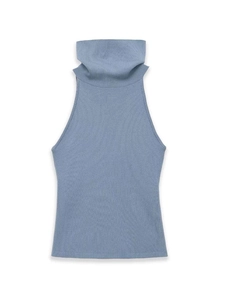Detailed view of blue-grey ribbed knit texture on a high-neck sleeveless vest top