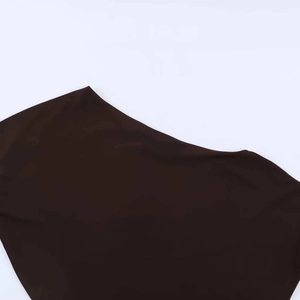 Detail shot of a dark brown short-sleeve dress neckline with smooth knitted fabric texture