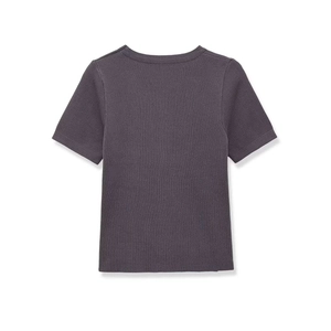 Detailed close-up showing the fine ribbed texture of this dark mauve short-sleeved knit top
