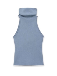 Detailed view of dusty blue high neck sleeveless top featuring fine ribbed knit texture