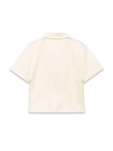 Back view of a minimalist cream short-sleeve shirt with rolled cuffs and rivet details