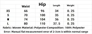 Detailed size chart for asymmetrical skort including waist, hip, and length measurements