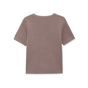 Detailed close-up of ribbed texture and crew neckline on women's khaki short sleeve knit top