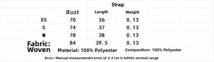 Detailed size chart for women's summer tank top with bust and length measurements