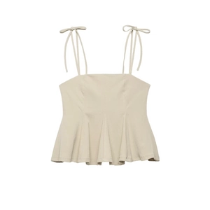 Women Sexy Peplum Cami Top Bow Tie Shoulder Strap Ruffle Hem Slim Fit Khaki Polyester Sleeveless Summer Fashion Tank Top