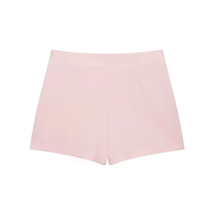 Chic light pink high-waisted asymmetric skort for women with a minimalist flat lay design