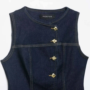 Vintage dark blue denim vest with unique gold diamond-shaped buttons and round neck