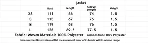 Detailed size chart for retro faux leather jacket showing measurements from XS to L
