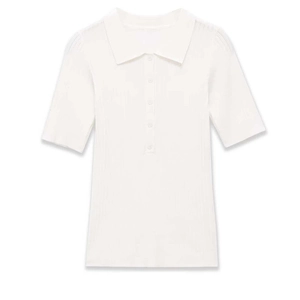 Damen Polo Kragen Kurzarm Rippenstrick Oberteil Weiß Knopf Schmal Geschnitten Weich Atmungsaktiv Sommer Casual Basic Strickwaren