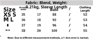 Size chart for women's puff sleeve ruffle shirt with detailed XS to L measurements