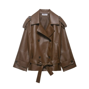 Women Vintage Faux Leather Trench Coat Double Breasted Belted Lapel Mid-Length PU Leather Jacket Loose Casual Outwear