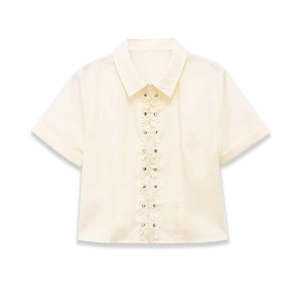 Women's Casual Solid Color Short Sleeve Shirt Polo Collar Ruffle Trim Cropped Blouse With Rivet Detail Elegant Commuter Top
