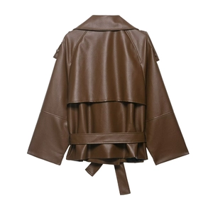 Women's vintage brown PU leather cropped jacket with adjustable waist belt and flare cuffs