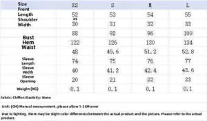 Detailed size chart for polka dot ruffle chiffon blouse in sizes XS to L with measurements