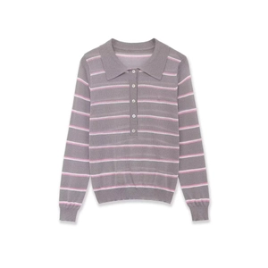 Top a Maglia Polo a Righe Vintage da Donna Manica Lunga Bottoni Grigio Rosa Bianco Maglione a Maglia Autunno Casual