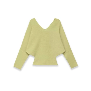 Women's light green V-neck knit sweater with stylish batwing sleeves and ribbed cuffs