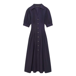 Robe Midi Femme Bleu Marine Manches Bouffantes Courtes Col en V Robe Chemisier Avec Plis à la Taille Élégante Été
