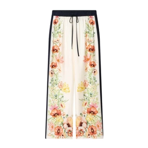 Elegant floral print wide leg trousers in ivory with black side stripes and drawstring waist
