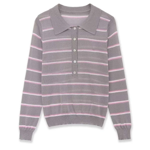 Maglione polo in maglia a maniche lunghe da donna con strisce grigio rosa e bianco su bianco