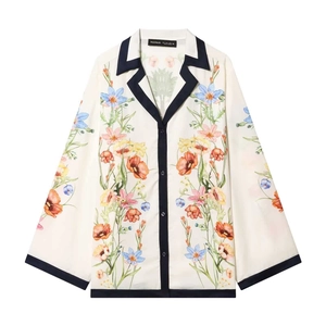 Floral print long-sleeve ice silk pajama set with black piping and elegant flower pattern