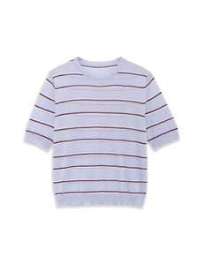 Detail view of the fine knit texture and contrasting stripes on the short-sleeved top