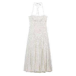 Robe Midi à Pois Vintage pour Femmes Dos Nu Plissée Sans Manches Ligne A Élégante Robe d'Été de Vacances