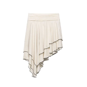Jupe Midi Asymétrique en Satin pour Femmes Étagée Passepoil Contrasté Taille Plissée Été Élégante Ligne A Jupe Décontractée