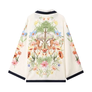 Women's ice silk printed long-sleeve top with tropical cheetah and palm tree patterns