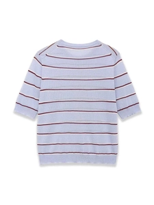 Detailed flat lay of casual striped short sleeve knitwear with ribbed collar and hem
