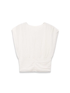 Close-up of white sleeveless knit tank top featuring sun pleats and waist ruching detail