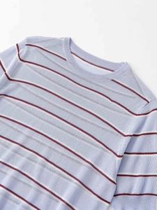 Detailed view of the crew neck and fine knit texture of this striped blue sweater