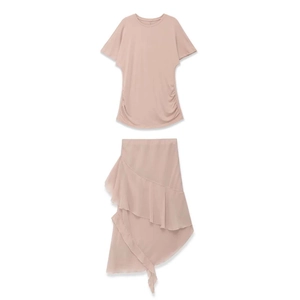Ensemble Femme T-Shirt Manches Courtes Froncé Et Jupe Midi à Volants Rose Top And Bottom Élégant Minimaliste