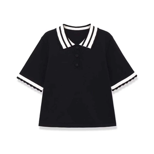 Women Short Sleeve Knitted Polo Shirt Contrast Stripe Scalloped Cuffs Button Lapel Slim Fit Polyester Summer Knit Top