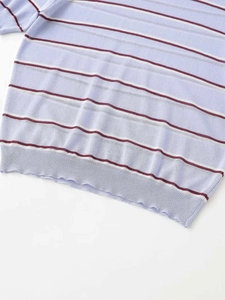 Detail of light purple knit top featuring burgundy stripes and ribbed hem texture