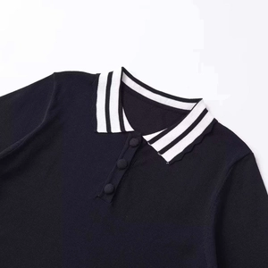 Women's knit polo shirt with navy contrast stripes and scalloped collar detail