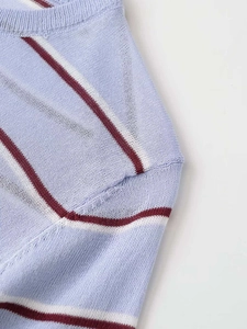 Close-up of lavender knit fabric with white and burgundy stripes showing texture