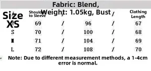 Size chart for black faux leather jacket showing XS to L measurements and fabric info