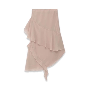 Jupe en mousseline rose avec volants étagés, ourlet asymétrique et tissu léger d'été