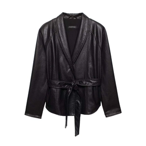 Women's Faux Leather Jacket Belted Waist Slim Fit Shawl Collar Litchi Grain Long Sleeve PU Leather Casual Outerwear Coat